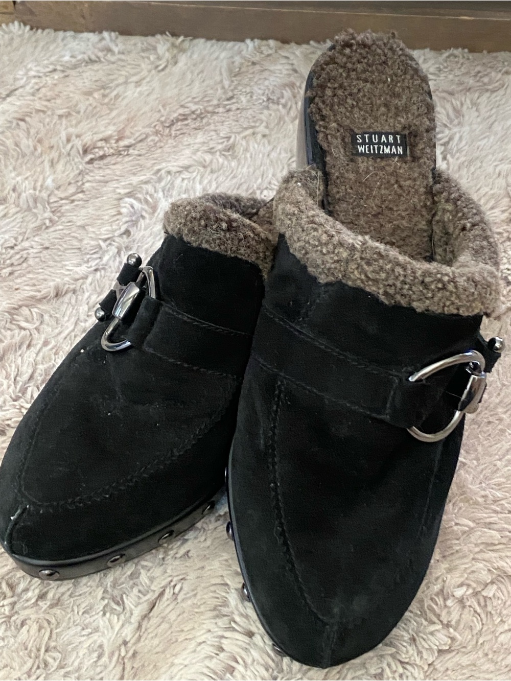 Stuart Weitzman Black Suede Shearling-Trim Slip-On Mules